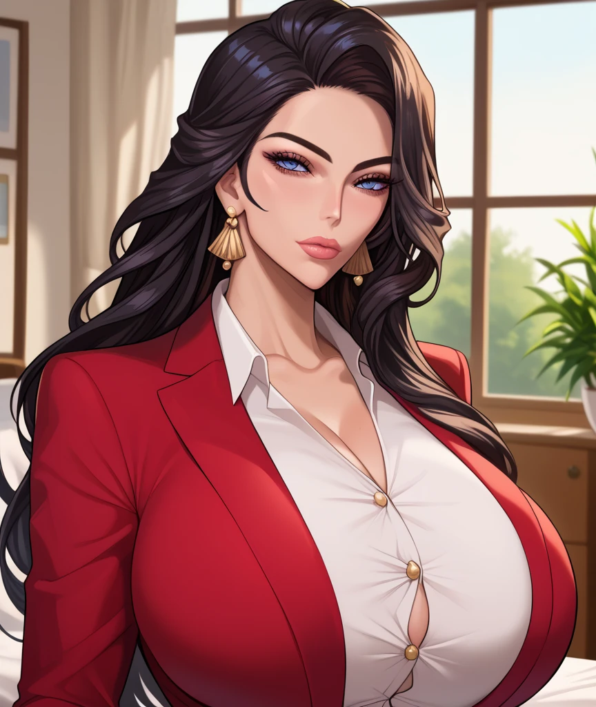 ((masterpiece)), ((best quality)), (ultra-detailed), absurdres, extremely detailed CG unity 8k wallpaper, Official Art, Accurate describe shapes, ((beautiful face, detailed hands, expressive eyes)), upper body, looking at viewer, solo, ((realistic)), ((close-up)), (depth of field, city, scenery, dramatic light, illustration:1.1), (standing, random pose, bright smile:1.2), (1girl, mature female, milf, motherly, curvy wide hips, thick thighs, huge breasts, black hair, blue eyes, wavy hair, long hair:1.4), (red business suit, red coat, red pencil skirt, cleavage, lace underwear:1.3), ,((masterpiece)), , absurdres, HDR <lora:MatureFemaleLoHA:0.7> <lora:epi_noiseoffset2:0.7> <lora:GoodHands-beta2:1> <lora:WomanBusinessSuit_v10:0.7>