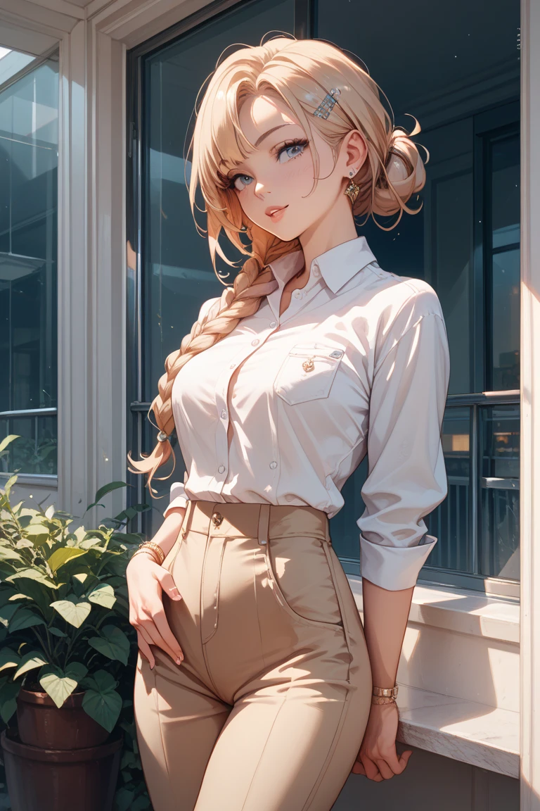 Female((30-years old)), hair((straight, Golden brown)), Eyes((smart Eyes, Green)), Clothes(New York Fashion Week, light white), Smiling, Breast Out, Ponytail, Accessories, baseball cap, covered nipples