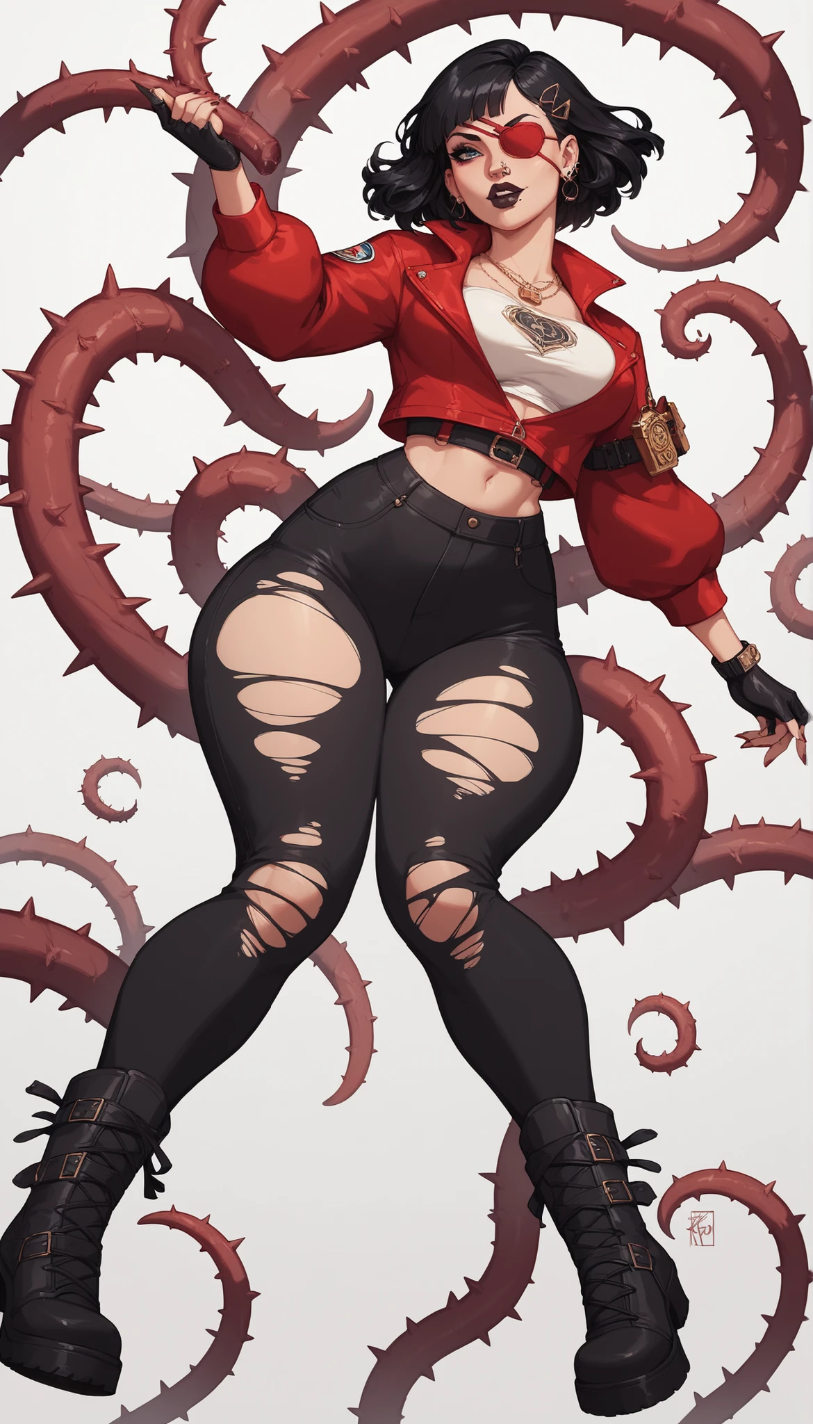 a very beautiful woman. Black hair with a single red patch on the fringe,  red lock of hair , pele clara, eyes colored red with pink. She wears a dark lipstick, short wavy hair, cut in long bob cut, separated fringe with clip. curvy body, medium breasts and a very large butt. She wears black clothes,  a black overcoat, a tight and short blouse in dark red color, ripped black pants, with thorn-toed boots up to the cinnamon. She has a lot of piercings on her ears and face, lip, sobrancelha, nose and cheek.