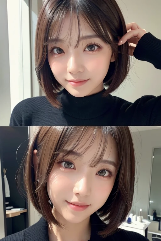 (masterpiece:1.3), (8K, Photorealsitic, Raw photography, Top image quality: 1.4), Japan high school girls、(Random hairstyles:1.2)、cleavage of the breast:1.2、Super Detail Face、Eye of Detail、二重まぶた、Bring your chest together、foco nítido:1.2、prety woman:1.4、light brown hair、top-quality、masterpiece、超A high resolution、(Photorealsitic:1.4)、Highly detailed and professional lighting smile、Loose and light knitwear、Shoulder out、slender、serious facial expression、short-haired、Fatal position