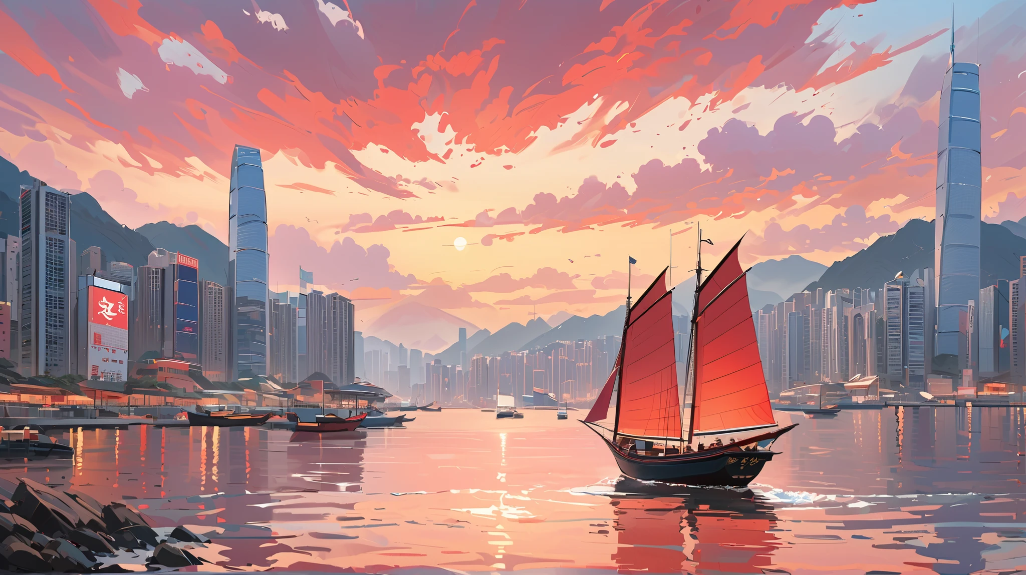 *"Top quality, film retro style: fine grain texture, creating an emotional story of a modern city coastline bathed in morning colors. Immerse yourself in art."A photograph of a serene Hong Kong harborview presented as a meticulously rendered oil painting. The painting's style should have a bright luminosity, as if illuminated by morning stars , - Small traditional Chinese red sailboat located on the left side of the screen,has a total aspect ratio of about 5%。The position of the red sailboat is aligned with the Hong Kong coastline, creating a balanced composition in the painting. The water surface is like a mirror, Urban cinematic feel: black and gold light and shadow, with flickering neon, creating a strong visual impact.
Movie poster style: giant scenes and characters create a strong contrast, leaving a lasting impression."perfectly reflecting the city skyline, while a few soft white clouds float in the sky, enhancing the tranquil atmosphere of the artwork.The painting have a small traditional Chinese red sailboat with vibrant, Reduce the proportion of the red sailboat in the painting, making it appear more miniature.gleaming sails positioned on the left side of the canvas against a backdrop of modern skyscrapers and a subtle beige coastal city. The water perfectly mirrors the cityscape, while soft white clouds drift across the sky, enhancing the tranquil atmosphere. The scene is illuminated with gentle, diffused lighting, creating a harmonious blend of traditional and modern elements.,*