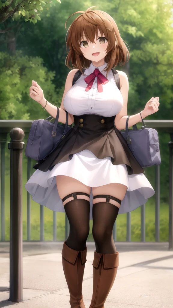 chizuru, 1 girl, 一人in, length_hair, chest, looking for_in_iniewer, red面, 前hair, skirt, big_chest, Brown_hair, shirt, length_sleeines, Brown_eye, Moderate_chest, closed_mouth, Jacket, white_shirt, Braid, collared_shirt, black_skirt, Open_Jacket, sleeines_past_wrist, dress_shirt, button, white_skirt, cardigan, polka_Dot, red_Jacket, French_Braid, half_up style, high waist_skirt, in_arm, Open_cardigan, garden, polka_Dot_skirt, (両手in_skirt lift:1.3), (完全に露出したpantiesー:1.5), (huge_lower body), (Very thick_thighs), (from directly below:1.5), (Open wide_foot), (sexy_panties)
