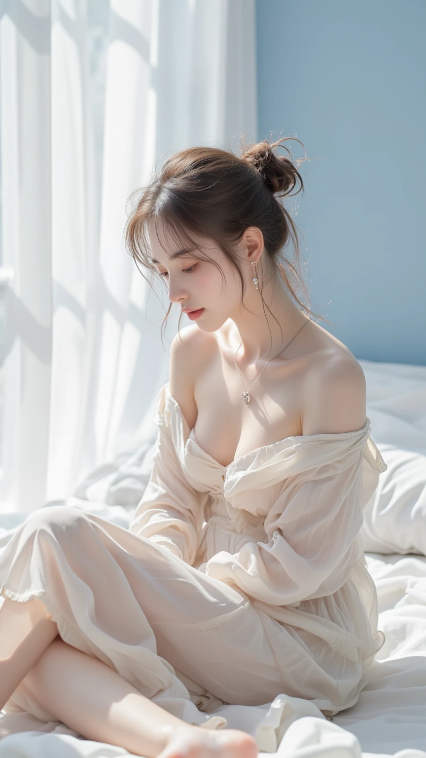 Beautiful woman with perfect body:1.4,Layered Hairstyle,Prominent cleavage,Highly detailed face and skin textures,Double eyelids,Skin Whitening,Long hair,Whitened long legs,(Low-cut camisole),standing in living room