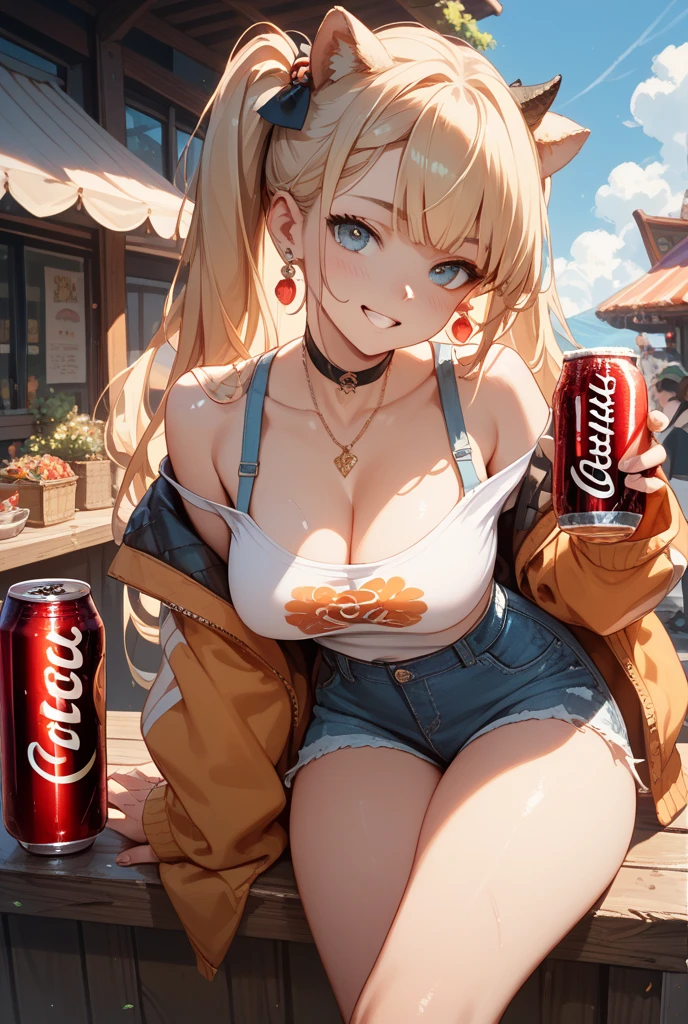 Muscular girl, long blonde hair pan head, devil figure, (huge and amazingly large breasts), (the action of stuffing two huge balloons into clothes), posing in action, (waist exposed), (abs), (vest with white skinny jeans), bad smile, (a large bottle of Coke with cleavage)