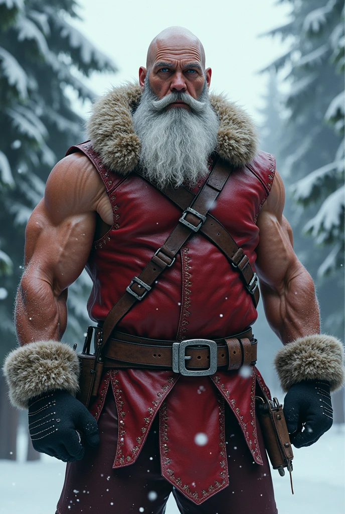 , Surrealism, 8k, super detail, golden details, sparkles, A portrait full body photograph Atractive mid age Santa Claus heavy trucker-driver, medium hair shaved sides, Strong, muscular, hairy big belly bodybuilder, jockstrap showing very hairy pubs groin area, red gloves,leather boots, golden details, snowing, magic sparkles, outside picture, big full moon, epic realistic, photo, faded, neutral colors, ((((hdr)))), muted colors, intricate scene, artstation, intricate details, vignette