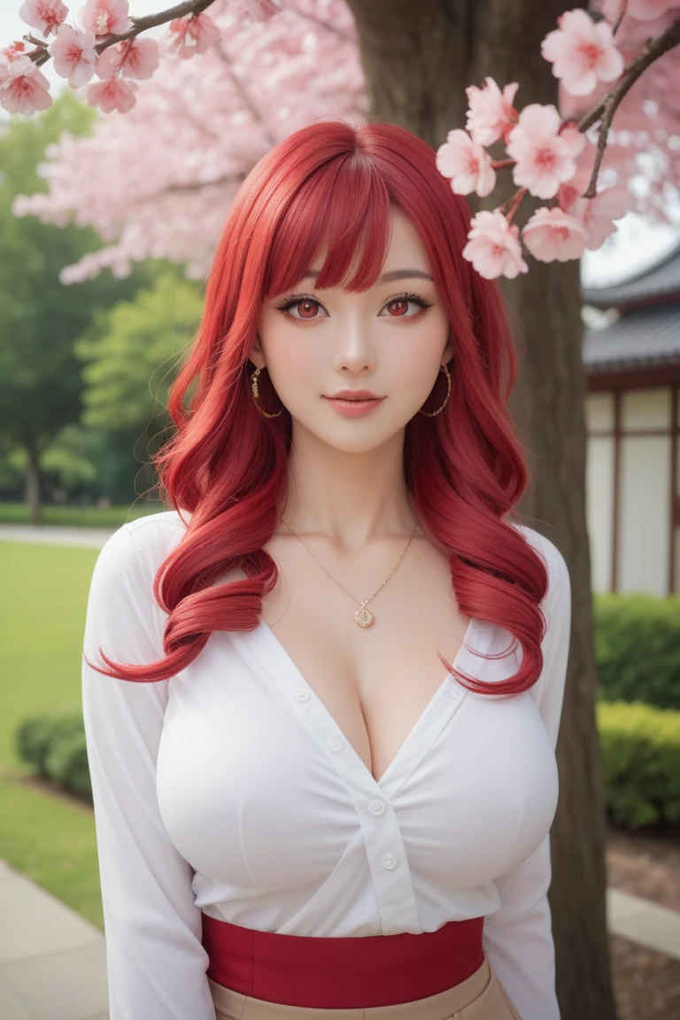 long hair、big breasts、 Ball-shaped Chest 、red eyes、 red contact lenses、Bright Red Hair、drill curls 、 young woman、beautiful Japanese woman、 real woman、 slender body、glossy skin just before、high image quality、 under a cherry tree in full bloom、Having a cherry blossom viewing party