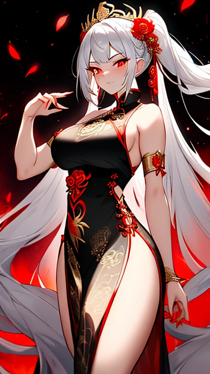 1 Woman, mature, High (1.85 cm), looks about 35 years old, has long white hair, straight and shiny, tied in the Chinese Taoist style, majestic black eyes, Extremely detailed eyes, perfect eyes, đôi mắt cực kỳ thực tế, balanced eyes, Long eyelashes, Anime style, perfect face, milf face, full red lips, mature, smooth white skin, natural body, sexy body, milf body, Perfect hands, detailed hands, arms in proportion to the body, đôi tay thực tế, arm with good anatomy, She was wearing only a black Chinese style dress decorated with gold and silver with phoenix motifs woven into the dress that covered her entire body but still could not hide her extremely large and gigantic breasts., very big breasts, four hands can lift,breasts sag due to their size, thick thighs, wide hips, look at the viewer, The background is a Chinese-style pavilion., pose alone, look at the viewer.