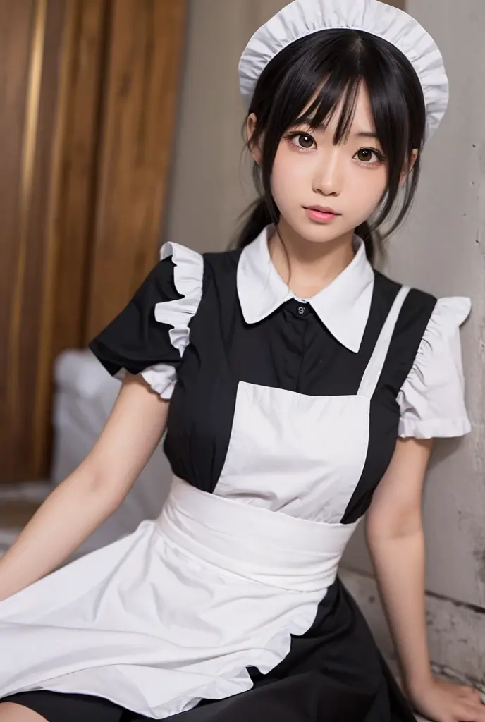 (1girl), Cute, 14 years old, looks pure, 8k, RAW photo, (photo realistic:1.37), ultra high res, best quality, small round face, big eyes, extremely detailed face, extremely detailed eyes, slender, slender legs, slim long legs, depth of field, (background:luxury condominium:1.1), shy smile, blush, professional lighting, shiny skin, face lights, natural shading, Very realistic skin texture, full body, from above, laying on bed, BREAK (wearing miniskirt maid uniform:1.1), (wearing thigh-high socks:1.1), BREAK (wearing cat ear headband and cat tail:1.1), BREAK (shoulder length hair with bangs:1.1),