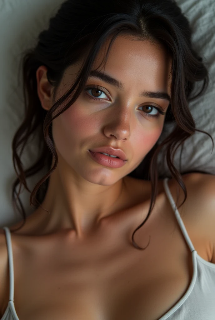 photorealistic, best quality, (hyper detailed: 1.4), young beautiful woman, jumping, ((long distance view:1.3)), sexy, flirting, ((wearing white lingerie:1.3)), small breasts size, ((black hair color: 1.4)), (black curly long hair: 1.5), blue eyes, Detailed eyes, beautiful european young woman, (Highly detailed face:1.4), exuding a natural glow, jaw-dropping beauty, sexy, seductive, vivid colors, subtle shadows