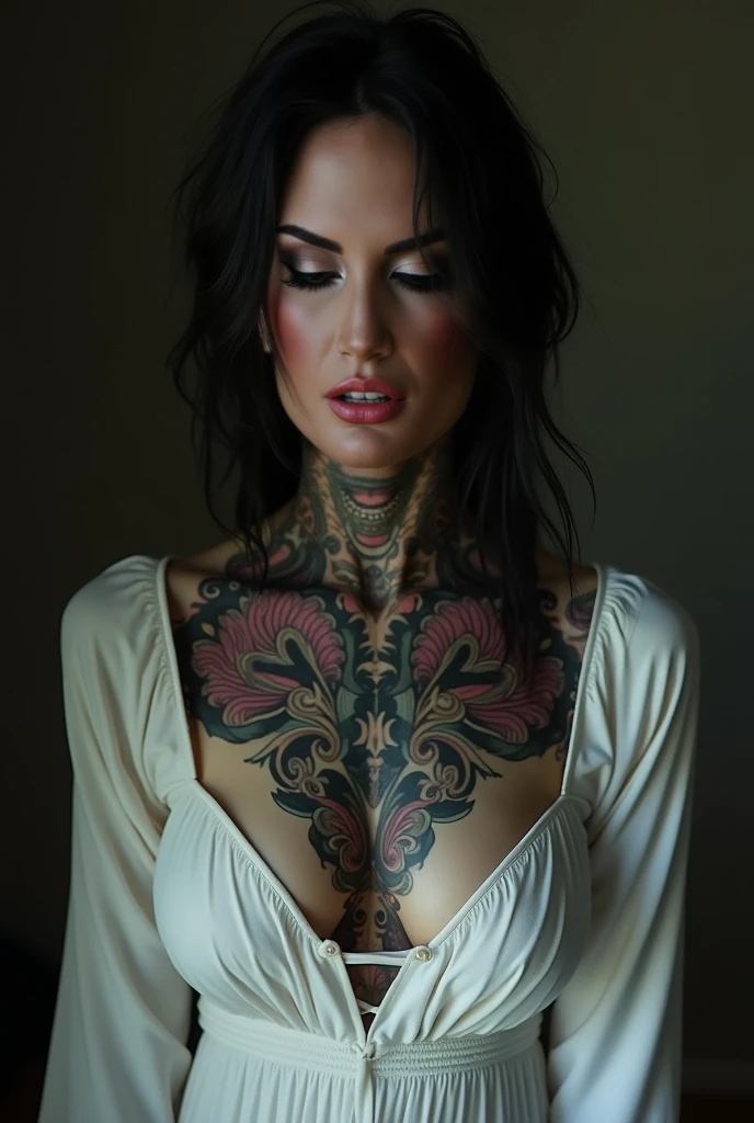 (best quality,height:1.2),very detailed,(realistic:1.37),(soft light),(1 girl),abandoned,from the front,luxurious,raise hips,(detailed face),(tattoo),Lock the heart of a thief,Its body.,golden eyes,black hair,long hair.