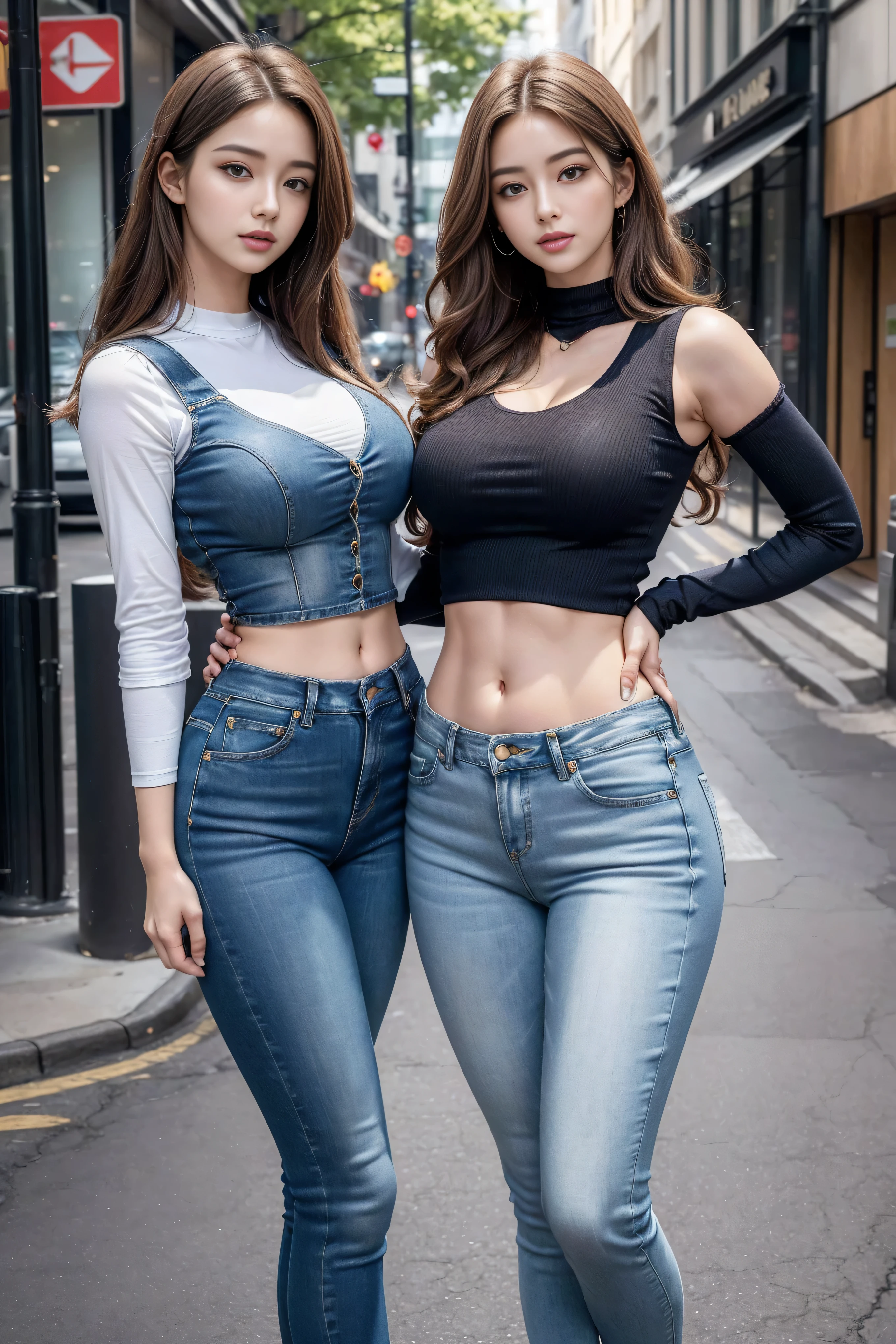 ((Realistic lighting, best quality, 8K, masterpiece:1.3)), (lock focus:1.2), (2 girls),(Beautiful woman with perfect body:1.4), : 2 Korean beauties, K-pop idol,Leg length,(pale skin), (big eyes),(Smile:0.8),(plump sexy lips), Complex and detailed face, ((Skin is super delicate)),delicate face,Super face slimming,narrow eyes,double eyelids,((dark red hair)), (white lace underwear:1.4),Background Shibuya streets,emphasize,Super face slimming,narrow eyes,double eyelids,(start from below:1.attitude,(medium bust:1.2),Sexy long legs, (Thigh clearance:1.5),wide hips,S-shaped body,Vest line, Hips raised,Leg length,skinny denim trousers,Shot from the front,body proportions,Over-the-knee leather boots,