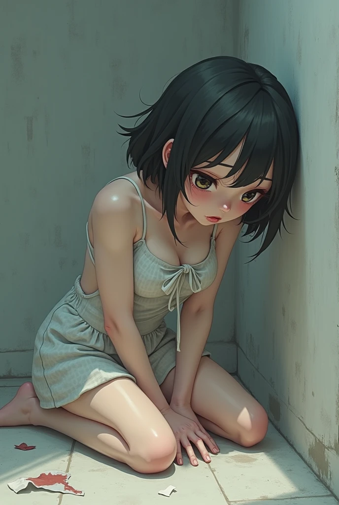 (masterpiece,Highest quality:1.3,best quality illustration),realistic,cowboy shot,1woman,30 year old Japanese beauty,Special Forces Female Soldier、((very small head:1.3)),brown short bob hair,bangs,brown eyes,gorgeous eyes,shy,tears,small breasts,((very long body:1.3)),((toned body,slender body,skinny,tan skin)),naked,nipples,navel、vagina,Wet crotch、Love juice、gleaming skin,shiny skin,sweat:1.3,squatting,spread legs:1.3,Simple bed、A cluttered bedroom、ruins、night、