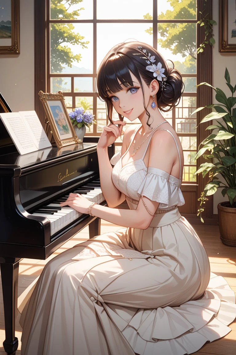 (masterpiece), (best quality), photorealistic, RAW photo, 1girl, sexy, cleavage, white dress, sitting, in the garden, playing piano, classic piano