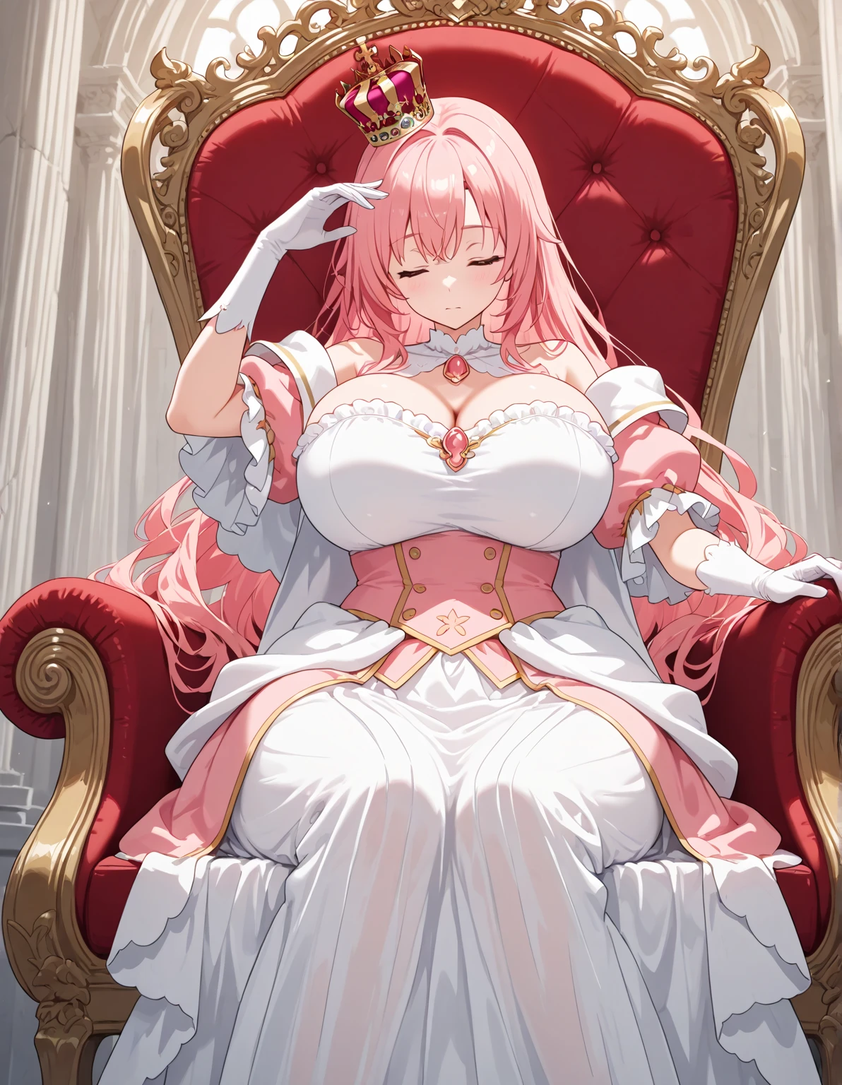 Sit and rest on the statue of Mary、Pink haired woman、blue eyes
