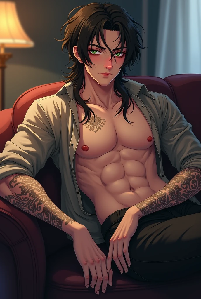 ((illustration)), ((drawing version)), ((video game version)), ((anime)), ((vtuber)), 1 chico, Ectomorphic gay boy with a super gifted penis, Tez blanca, delicate face, with feminine features, big eyes with heterochromia, 1 red, 1 pale gray blue, short hair, half red the other half black, completely naked with erect penis, cat ears and black fox tail with red tip, with a necklace attached to the neck with a ring, Flirty gay boy who is enjoying his body