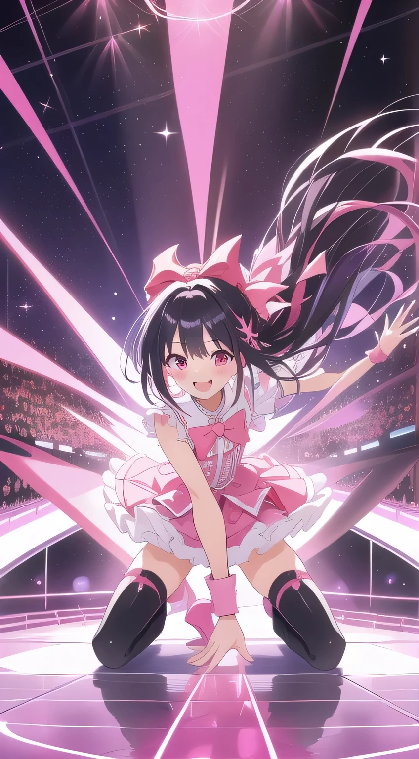 idol stage colorful , ,, Inspired by Koizumi Junsaku,, is the definitive dance pose for crouching and opening legs Pink theme bonnet skirt with bow glossy with cute ribbons々Shiny boots black hairロング Glowing purple eyes tall flying smile (black hair) explode in cuteness Give off a pink heart beam The body shines pink