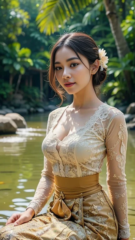 Illustrate a beautiful girl close up dressed in kebaya, set against the backdrop of a Balinese temple. Ensure that the image is photorealistic and of top-quality 8K HDR, capturing every intricate detail of the scene.,kebaya,kebaya indonesia,perfect ,cleavage