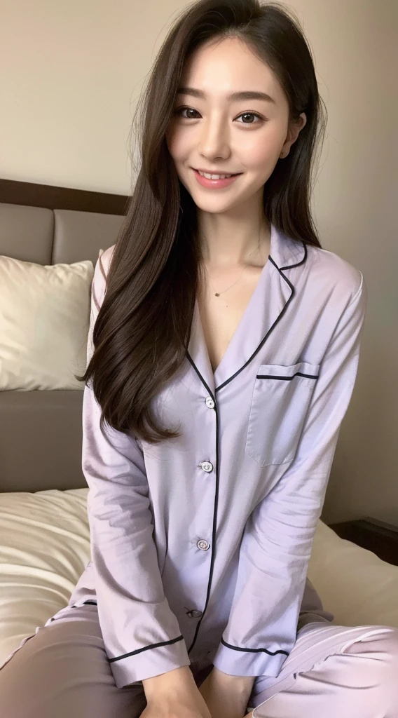 ((top-quality、8k、masterpiece:1.3))、Beautiful woman with perfect body:1.4、slim abdomen:1.2、Longhair, normal breast, Highly detailed facial and skin texture, A detailed eye, (smile), (full body shot), ((bedroom)), (sitting on bed), (((wearing pajamas 1.2)), looking in front,