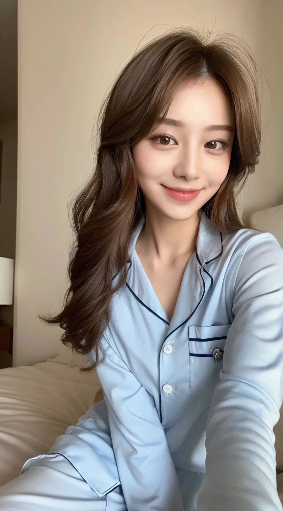 （1 Korean star with royal sister style）,((highest quality, 8K, masterpiece:1.3)), concentrated:1.2, beautiful woman with perfect figure:1.4 , (funny expression),Highly detailed face and skin texture, fine eyes, double eyelid，whiten skin，(air bangs:1.3),(round face:1.5),After taking a shower、Coming out of the bathroom Selfie home Natural and realistic pajamas No flesh leaking Bathroom background