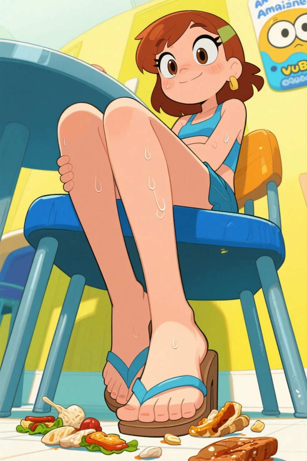 16 years , European, rubio, medium breasts ,large eyes, closeup of breasts, tiny ruffled skirt, long legs, platform high heel sandals, full body photo, wet floor with reflection, ray tracing, HdR
