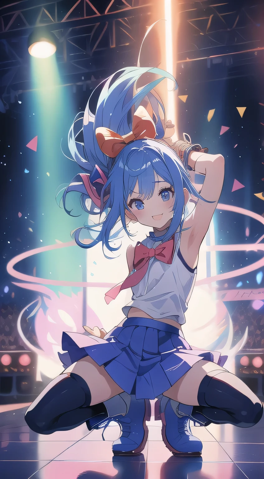 idol stage colorful , Yigashi-hiboshi,, Inspired by Koizumi Junsaku, Nagano wind,、, Tsutomu Nihei style, dance pose Blue as the base color bonnet skirt with bow Cute Boots