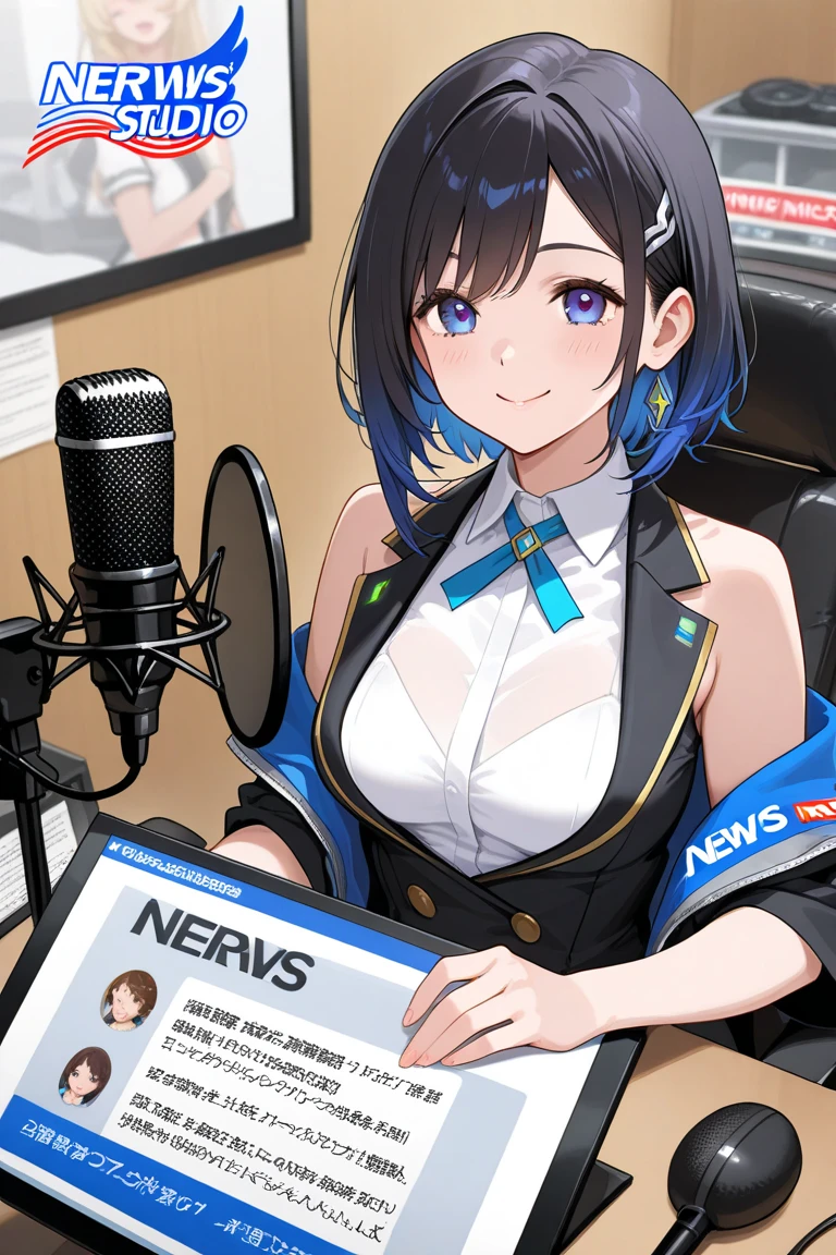 (Highest quality, 8k, 32K, masterpiece, Ultra-high resolution,:1.2),born, One girl,Super cute , Natural light,Clear, shining eyes, 20-year-old ,Fair skin, Silver hair, Fantasy background like a news studio,Slanted Eyes, , An innocent smile, Grinning short hair, Large Breasts, announcer, news caster, Cheerleader