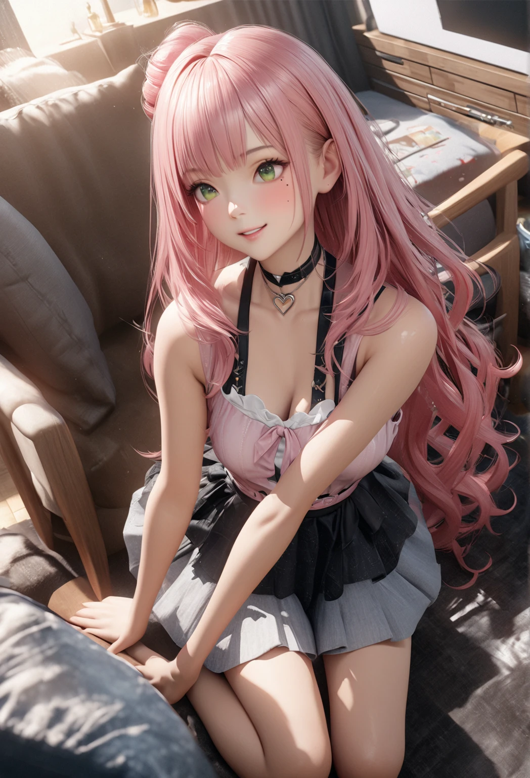 masterpiece, highest quality, Very detailed, High resolution, An expensive solution, High resolution, 4K, 8k, unity 8k wallpaper, Very detailed CG, masterpiece,  2D, 3D, Beautiful details, depth, Fine texture, highest quality: 1.3, Total concentration, Crisp skin, he, Very cute anime rabbit, A cute rabbit like an idol, expensive pink long hair, One Girl, Aloha One Piece, morning, morning食, hibiscus hair accessory, Smiling long pink hair, whole body, Mole under the eye, Line Sight, expensive, blush, Lips parted, heart, Pink Eyes, choker