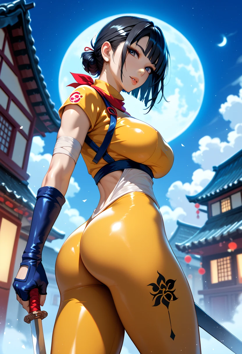 masterpiece,best quality,extreme detail,8k,<lora:iroha:0.8>,irohasnk,1girl,solo,breasts,short hair,large breasts,black hair,cleavage,detached sleeves,japanese clothes,choker,black eyes,maid,maid headdress,sideboob,ass