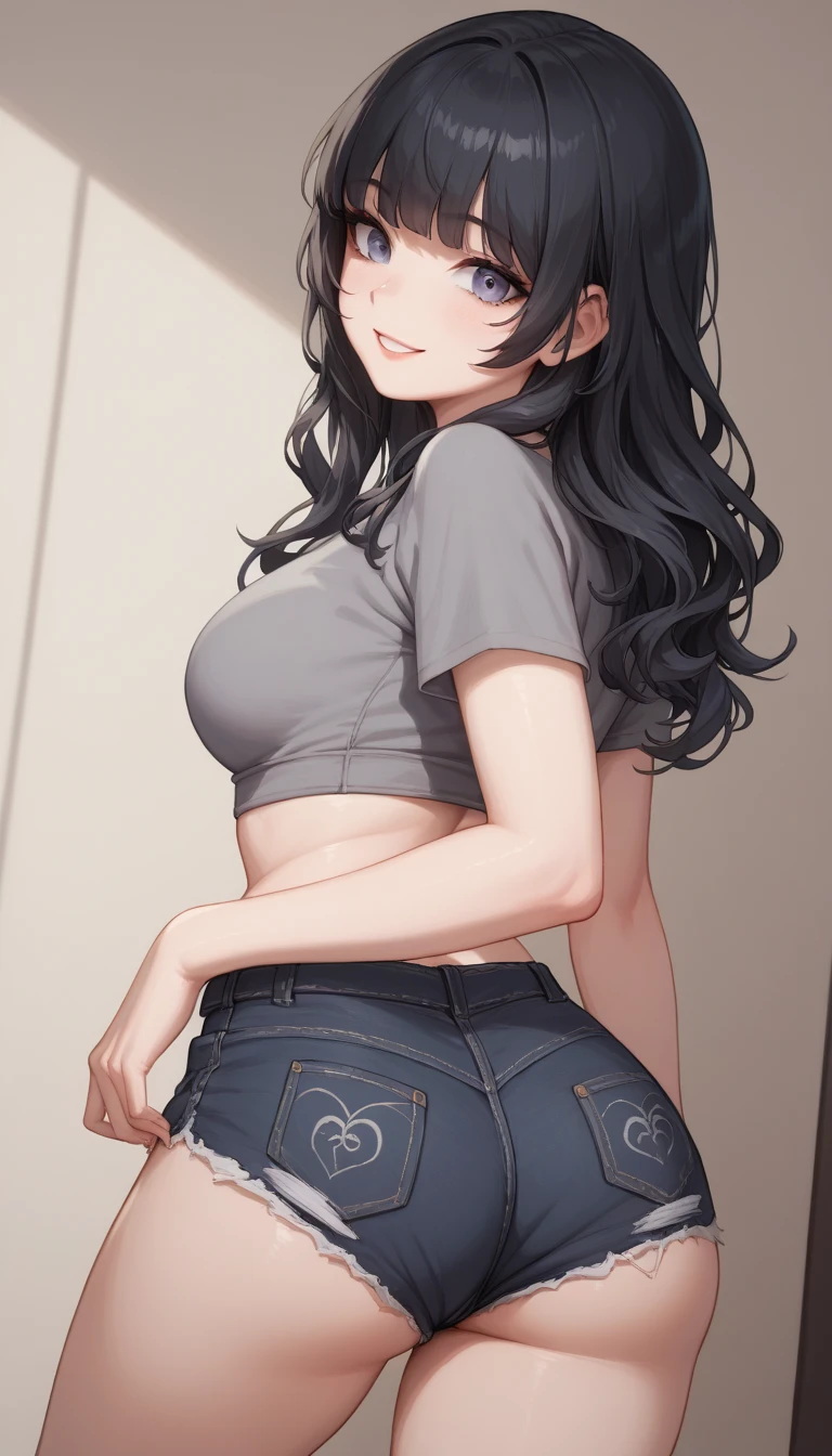 best quality, 1girl, masterpiece ultra detailed, illustration, yang guifei, glossy lips, indoors, standing, (short shorts, v-neck t-shirt), light smile, looking back at viewer