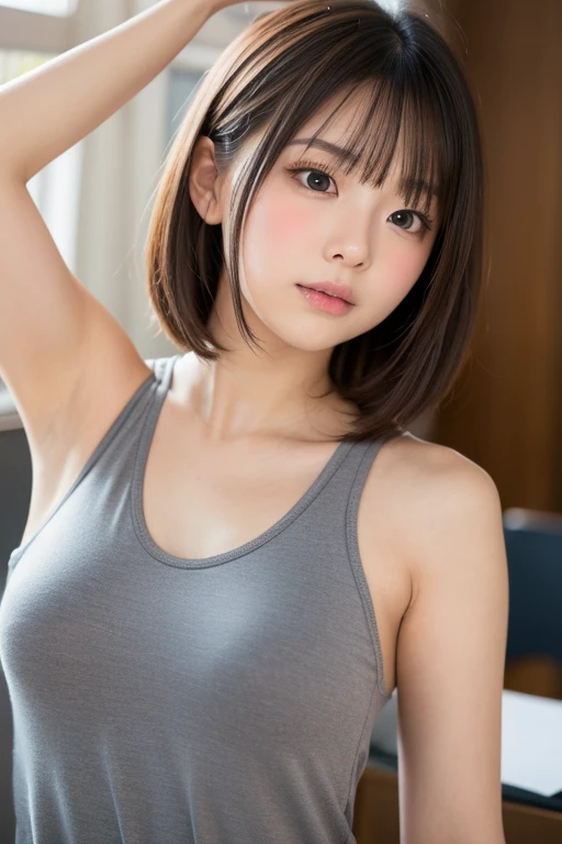Tabletop, Highest quality, Photorealistic, In detail, High resolution, 8k wallpaper, Perfect dynamic composition, Beautiful attention to detail, Medium short wavy hair,Grey training wear、Sweaty body、Breast bulge、Yoga poses、Beautiful armpits、Laughter、Bokeh、nature、Wooden floor、Age 25、(Droopy Eyes 1.3)、Adult Beauty、Japanese、Highly detailed fingers