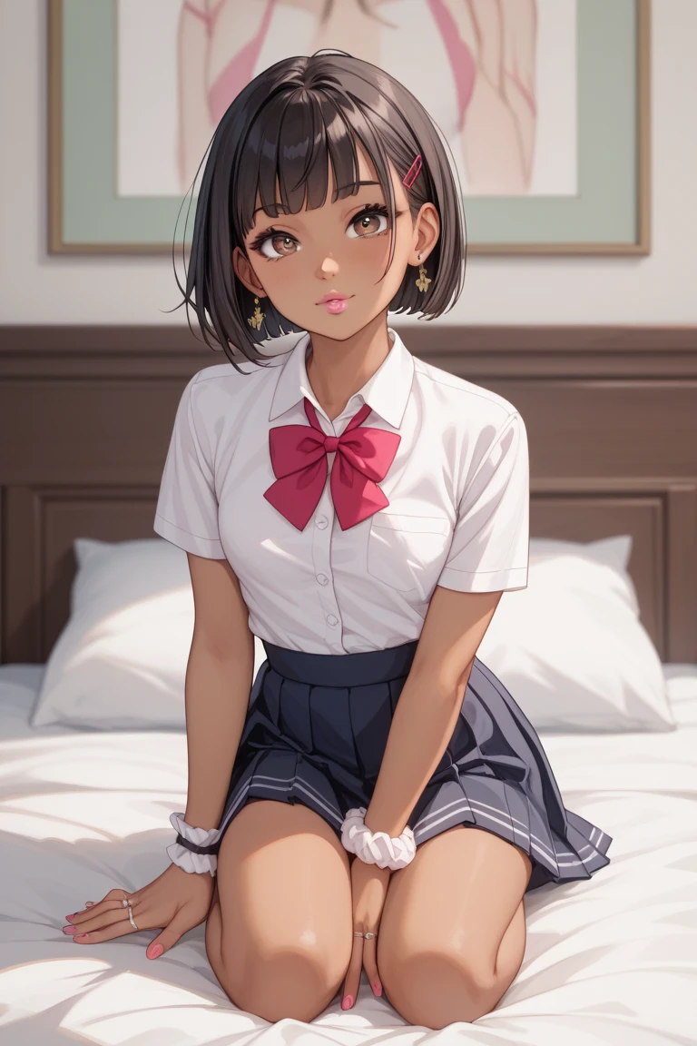 <lyco:jk_v2:0.6>jk, dark-skin,black hair, bob cut, mini skirt, city, large breasts, from above, pink ribbon, lying on bed,
(best quality, masterpiece, RAW photo,ultra-detailed:1.2), <lyco:GoodHands-beta2:1.0>,1girl,solo,looking at viewer,smile,panties,