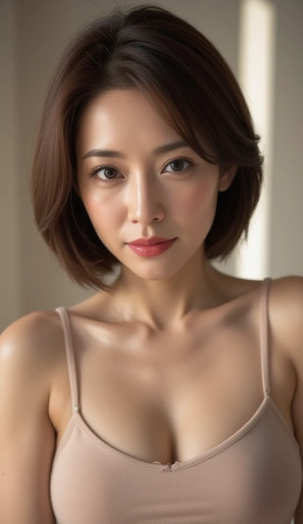 8K Ultra HD、RAWphotograph、モデルphotograph撮影、Japanese race, European laces, (masterpiece, Highest quality, photoGenuineistic, High resolution, photograph: 1.3), close, focus on, Hot Model、slim、 4 mature woman、Small face、Shortcuts、Dark brown hair、Beautiful eyes in every detail、Genuineな肌, (Perfect body), Sexy hot face, erotic,sexual sight、Beautiful eyes in every detail、Glossy Lips、Small breasts、、Bust B cup、((Bright light、Dynamic Lighting、Genuine、超Genuine、 Genuineism、Genuineistic details⦆、Cool Beauty、Cool pose、Background gray、Plain gray background