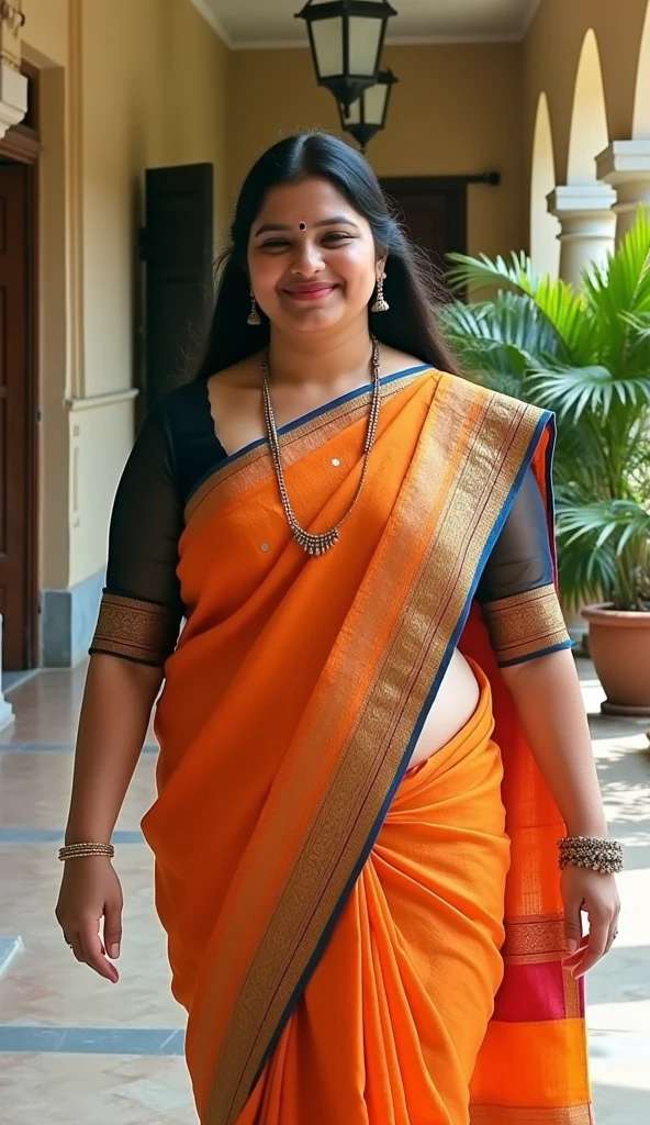 a tall, beautiful Indian actress in black saree carrying a obese man over her head sitting on her shoulders in home balcony , natural smile, she has strong arms