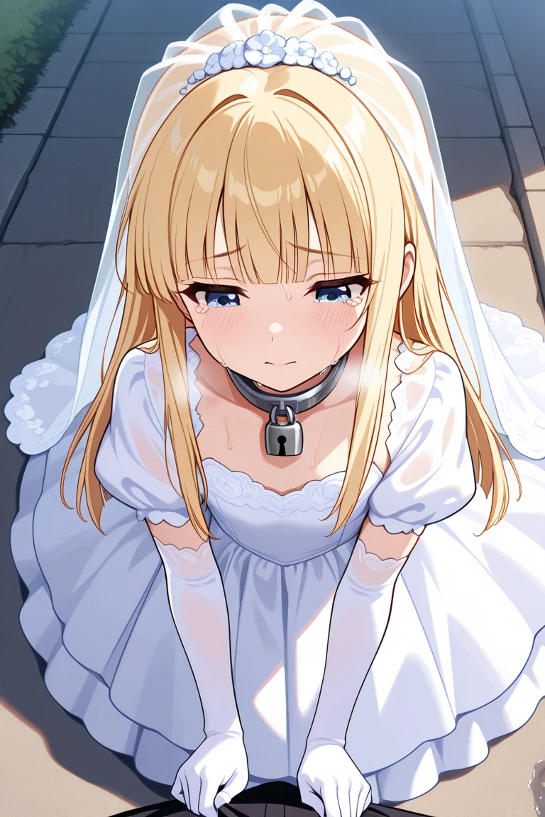 Anime. 1 girl. . . Baby. Princess. Blonde. Long hair. Blue eyes. Beautiful eyes. Perfect eyes. Expressive eyes. Eyes covered with a faded film. Blind eyes. Blind. Ideal face. Ideal anatomical body. Beautiful long legs. Beautiful body. Beautiful nose. 12 years old. Embarrassment. Blush. Beautiful character design. Shiny skin. Light white dress. Shoes. Hair decorations. Disabled person. Paralytic. Sitting. Wheelchair. Hands on crotch. Urinary incontinence. Wants to pee. She needs to pee. She has a strong, desperate urge to pee. He squeezes his crotch tightly. Rubs copper. Slight lean forward. She peed herself. Fantasy city. A park. Date. At the entrance to a public toilet. He takes off his wet panties. Tears in my eyes. Cry. Snot flows from the nose. Full body. nsfw. Official art. Extremely detailed CG Unity 8k wallpaper. Ideal lighting. Ultra high resolution 4K. Super detailed 8K. A high resolution.
