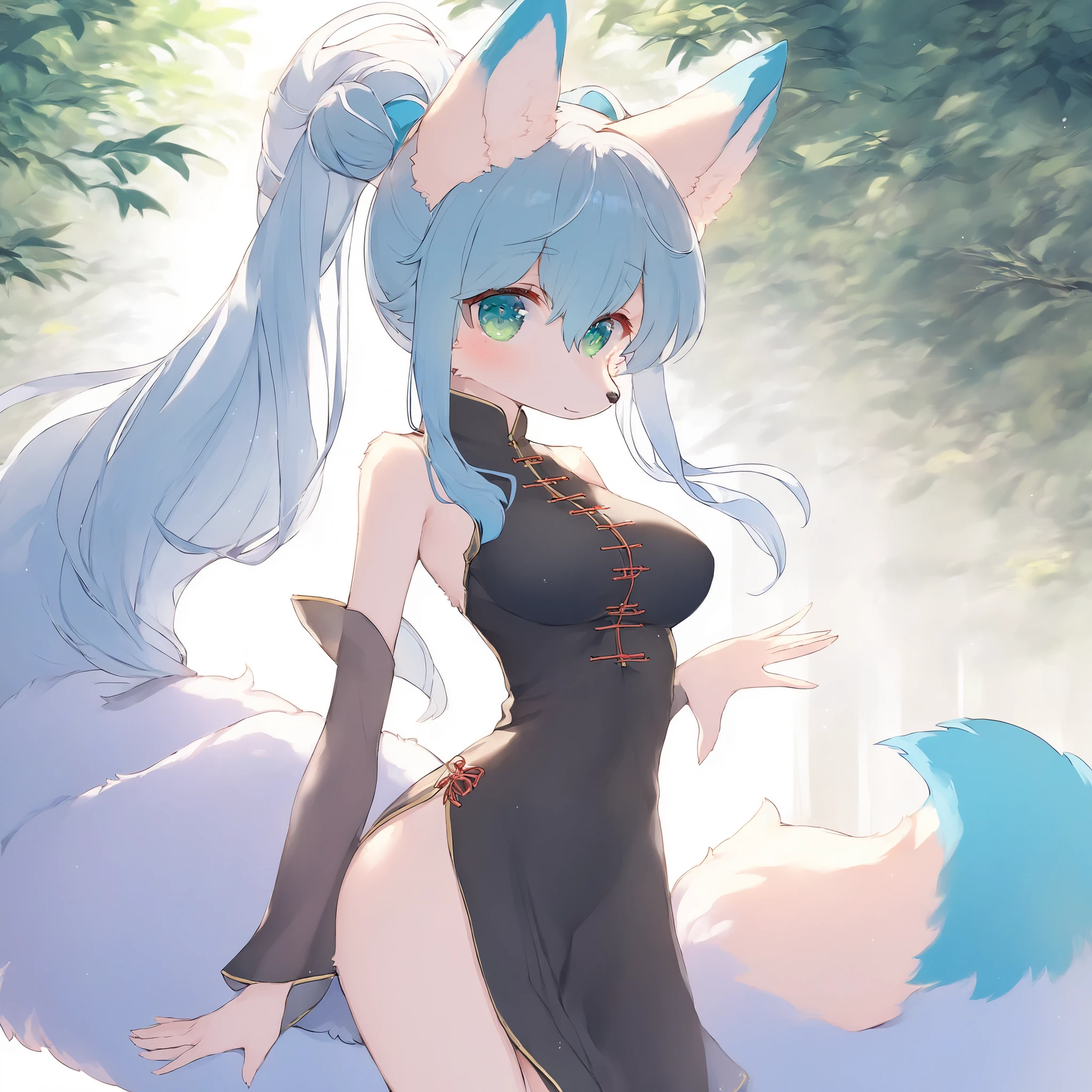 fox female shy blue , kemono , furry , Chinese style , forest , shy blue hair , ponytail , green eyes , slim , big breasts , two fluffy tails , cute , long legs, black Chinese clothing , watertight eyes , "highly detailed, soft light, anime style, pastel colors" slim