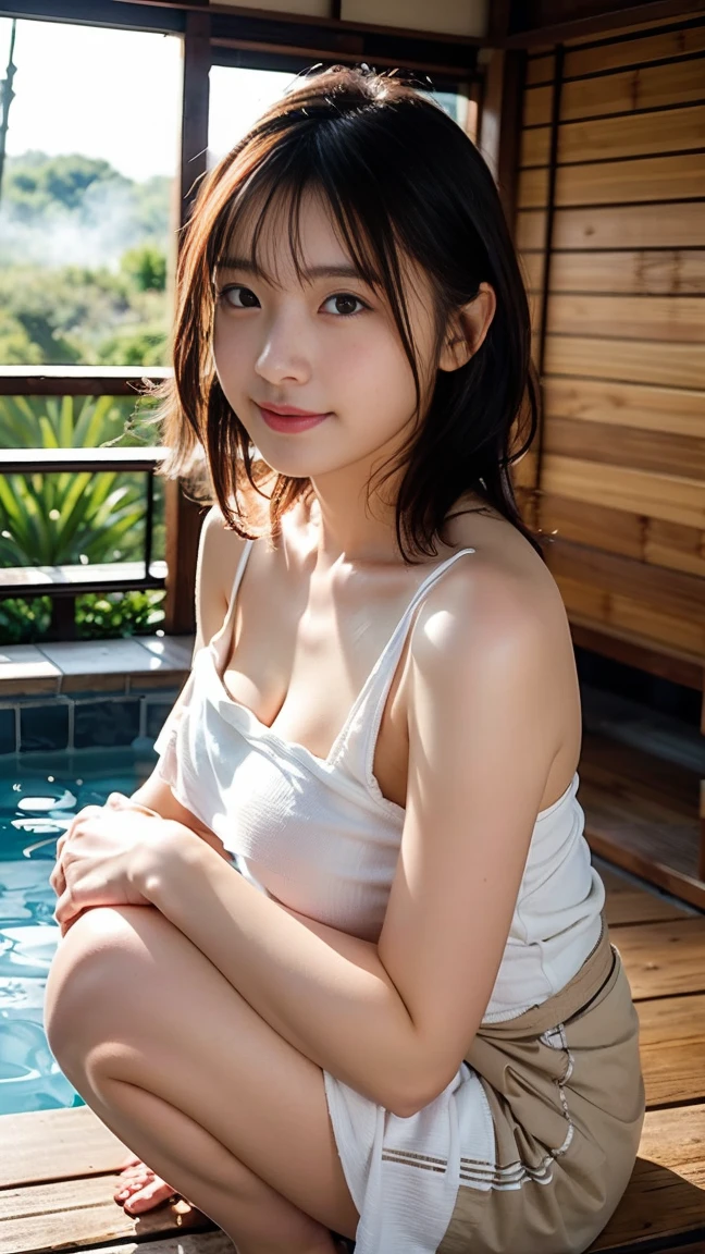 ((Best of the highest quality, 8k, Masterpiece: 1.3, raw photo)), Sharp focus: 1.2, (1 AESPA, slim body type female, 21 y/o: 1.1), (Solo: 1.2), (realistic, photo-realistic:1.37), face focus, cute face, finely eyes, (small breasts, flat chest, Thigh: 1.3), short messy hair, updo, Bangs, (neat silk camisole, panties: 1.4), sitting pool, flower, lily
