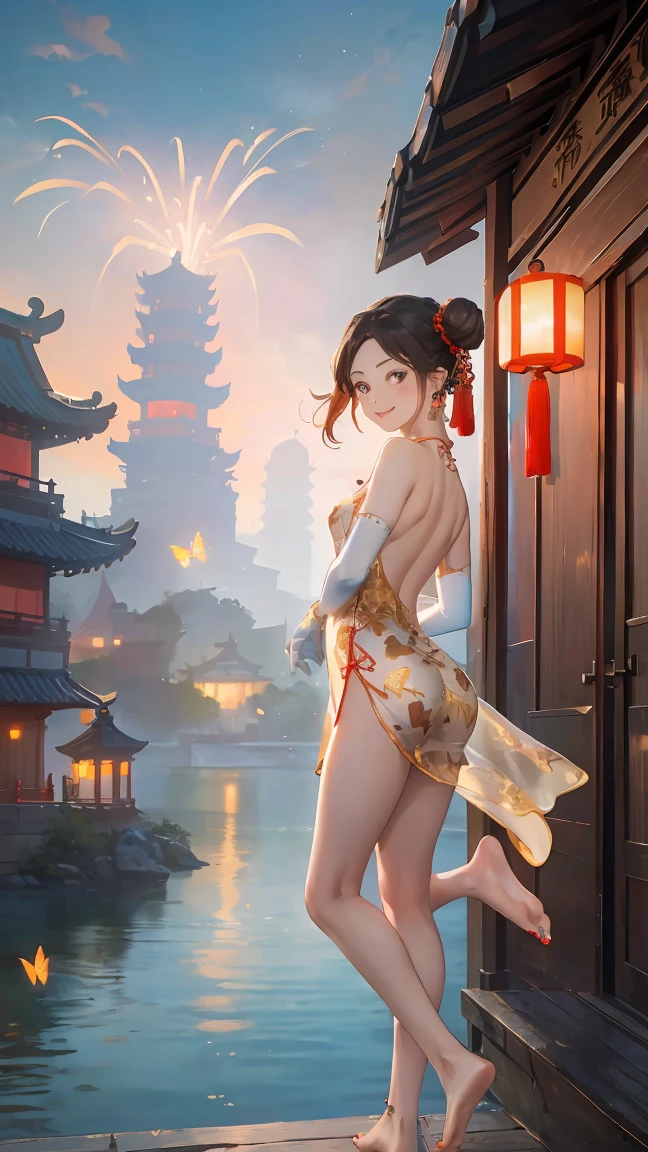 qingqududou,moon, night, 1girl, strapless,panties,underboob,bare shoulders,navel,full moon, lantern, sky, solo, cloud, black hair, night sky, holding, holding lantern, long hair,star \(sky\), hagoromo, jewelry, long sleeves, see-through, earrings,hair bun, single hair bun, full body, starry sky, floating, paper lantern, hair ornament, closed mouth, standing, light particles,<lora:changexianziSDXL01-000001:0.3> <lora:qingqududousdxl-000008:0.7>