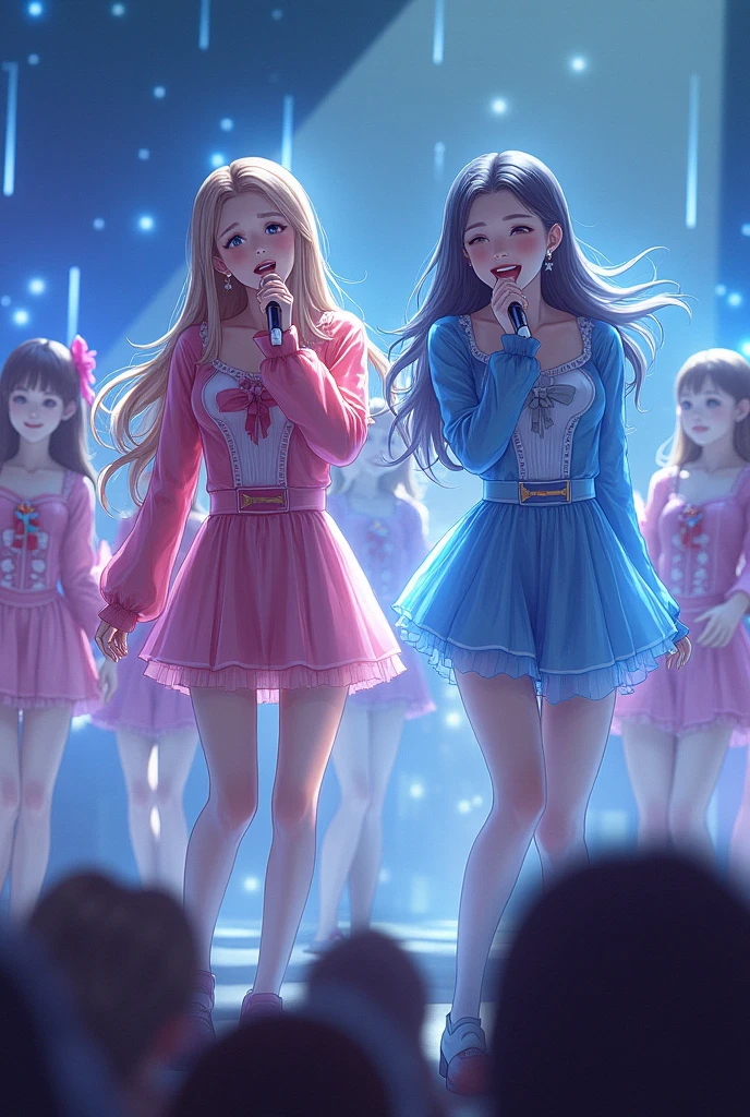 (best quality, masterpiece, photorealistic:1.3), kpop, wavy hair, music stage show, standing pose, stage lighting