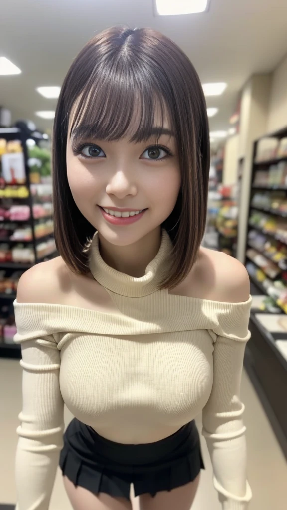 ((Highest quality, 8K, masterpiece: 1.3)), concentrated: 1.2, Perfect Body Beauty: 1.4, ((Layered Haircut,Small breasts: 1.2)), (supermarket:1.3), (Striped tank top : 1.3) , A shy smile,Highly detailed face and skin texture, Simple Necklace, (Beautiful, clear black eyes:1.3), double eyelid ,White skin, medium brown bob hair, golden ratio, (shut up: 1.3),