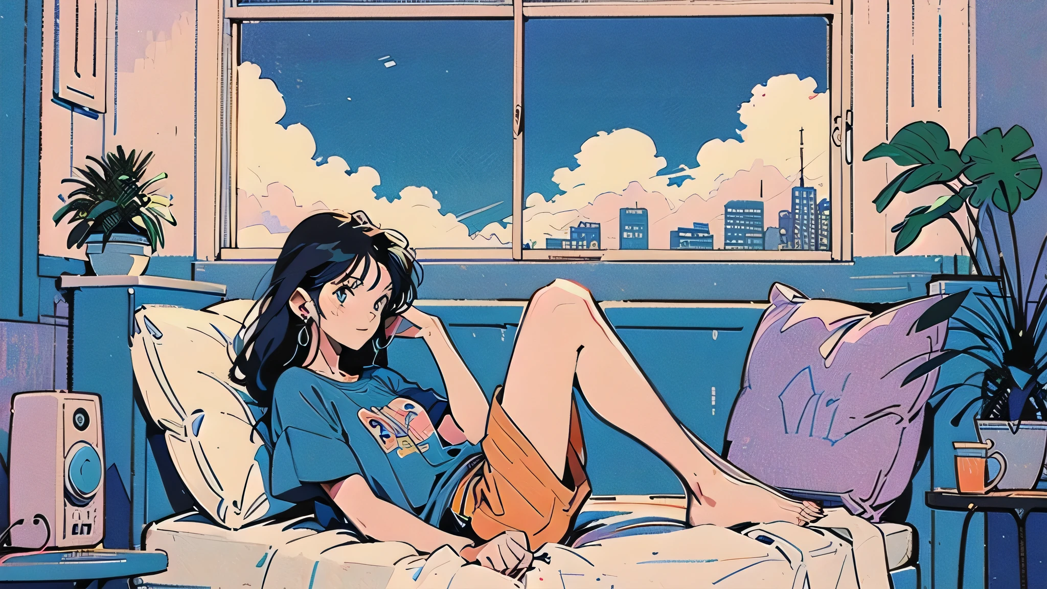 An anime-style illustration inspired by 1980s city pop aesthetics. A young woman with shoulder-length hair lounges comfortably on her bed in a cozy, sunlit apartment during a relaxed day off. She wears a loose-fitting T-shirt and soft shorts, barefoot, with a light blanket casually over her legs. She has earphones on, connected to a small cassette player or vintage portable music device beside her, completely absorbed in the music. The midday sunlight pours through a large window, casting a warm, dreamy glow across the room. Outside the window, a pastel city skyline stretches under a soft blue sky. The room is decorated with potted plants, vintage posters, and retro furnishings, creating a nostalgic and peaceful atmosphere. The illustration features warm, soft lighting, gentle shadows, subtle film grain, and the signature nostalgic vibe of 1980s anime and city pop art.