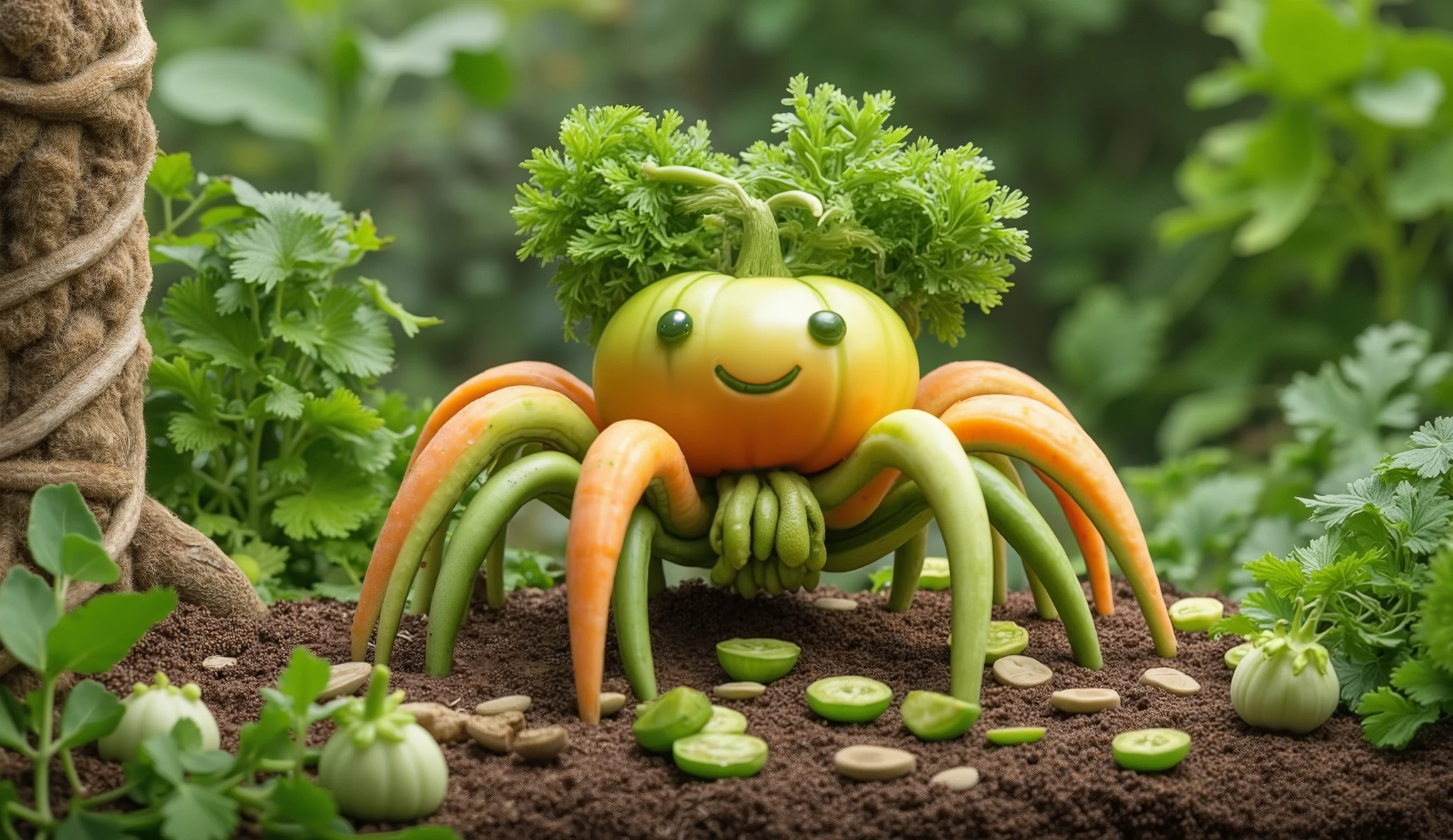 aranha, made from vegetables, folhas, nabo, pods for the legs.