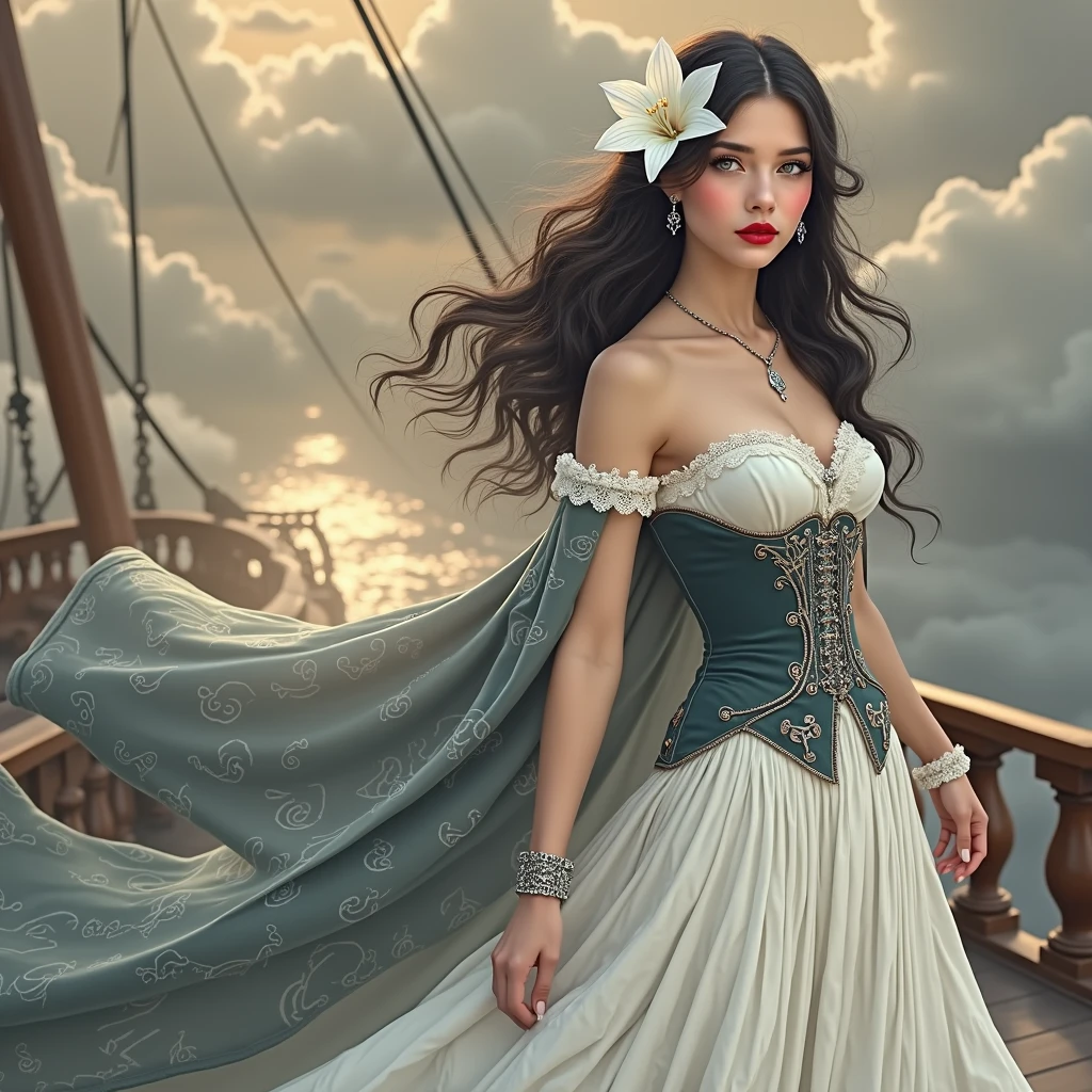 score_9, score_8_up, score_7_up, 1girl, silver hair, 35mm Vintage photo of queen standing on a sailship, victorian, long hair, curly hair, ornate white uniform, white fur, ocean, at sea, sailing, (golden tiara:1.2) <lora:pony/twilight_style:0.8> concept art, realistic <lora:pony/expressiveh:0.8> expressiveH <lora:sdxl/sinfully_stylish_sdxl> <lora:sdxl/Vintage_Street_Photo>