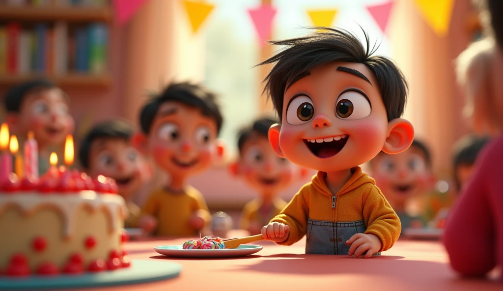I want a picture of a boy in his youth of 2 with dark brown hair, short man wearing a t-shirt and jeans. He is chatting with other young boys and girls around him in a restaurant..