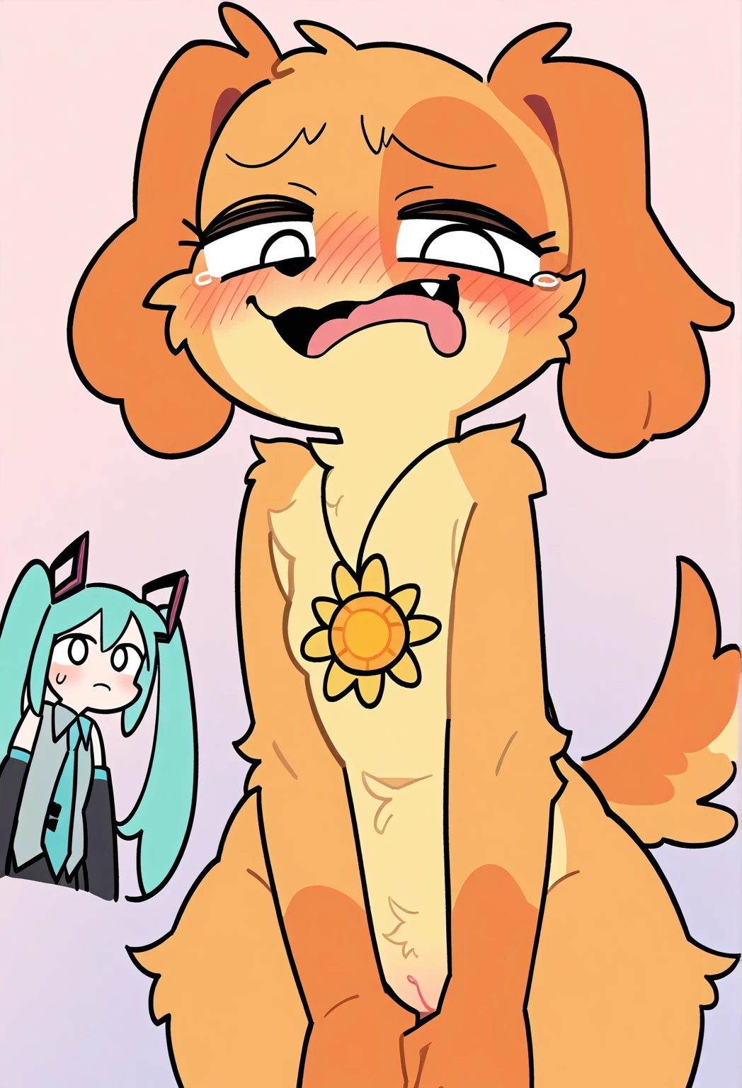 Female pegasus pony, brown fur, red hair, green eyes, green polka dot bandanna in hair on head, white feathers on wings, large crotchboobs, fishnet stockings, bulge in throat , kneeling, deepthroat blowjob