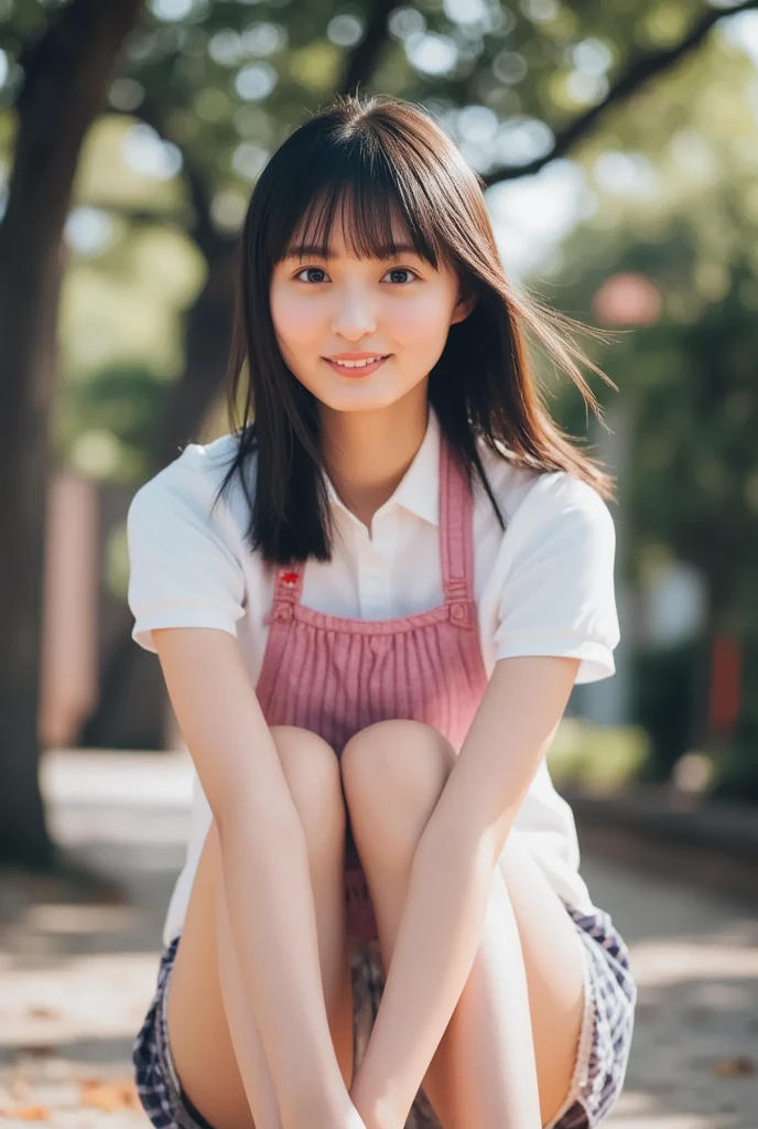masterpiece, highest quality, 8K, , RAW photo, award-winning portraits, alone, noon, idol face,whole body,violaces, delicate girl, whole body, Completely naked、Digital single-lens reflex camera, looking at the viewer, shy smile、shame、flushed cheeks、thin arms, small breasts, nipple, small ass、thin waist、Frank, Sophisticated, like々New, thin arms, professional lighting, film grain, black eyes,chromatic aberration, (detailed eyes and face:1.0), (Bokeh:1.1),(hyper pretty face:1.2),(short sleeve shirts:1.3),(denim mini skirts:1.3),(white panties, pale color:1.3), looking at the viewer,(cute girl crouching down in the park:1.3),(spread legs:1.2),skirt lift, angle from the front, looking at the viewer