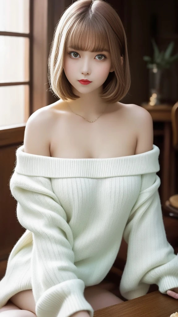 (masuter piece:1.3)、(8K、Photorealsitic、Raw photography、top-quality: 1.4)、(1girl in)、Beautiful face、(Lifelike face)、(Light Beige Mixed Hair、short-hair:1.3)、(Busty Boobs)、off-the-shoulder sweater、are protruding 、are visible、((sexy for))、Beanie、Wearing a knitted cute pom-pom hat、a necklace、(Display hats on the screen)、realisticeyes、Beautiful details、(real looking skin)、Beautiful skins、absurderes、enticing、超A high resolution、A hyper-realistic、high-detail、the golden ratio