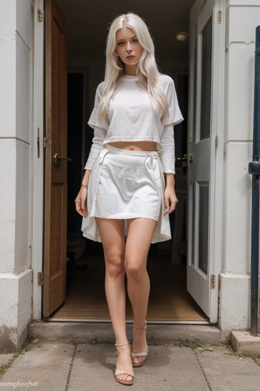 trileg, beautiful woman with three curvy legs, casual outfit with skirt, casual white sneakers, age 29, Irish, hijab