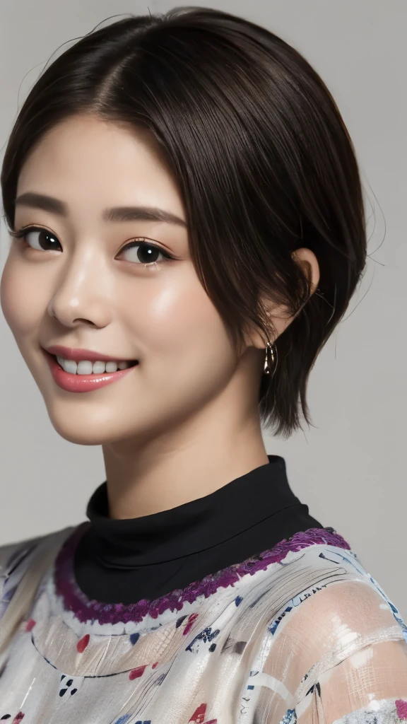 1 Female,Photorealistic,Highest quality,Ultra high definition,8K,Cool Beauty,Beauty,Perfect Style,Summer knitwear,Japanese,Upper body close-up,smile,looking at the camera,Very Short Bob