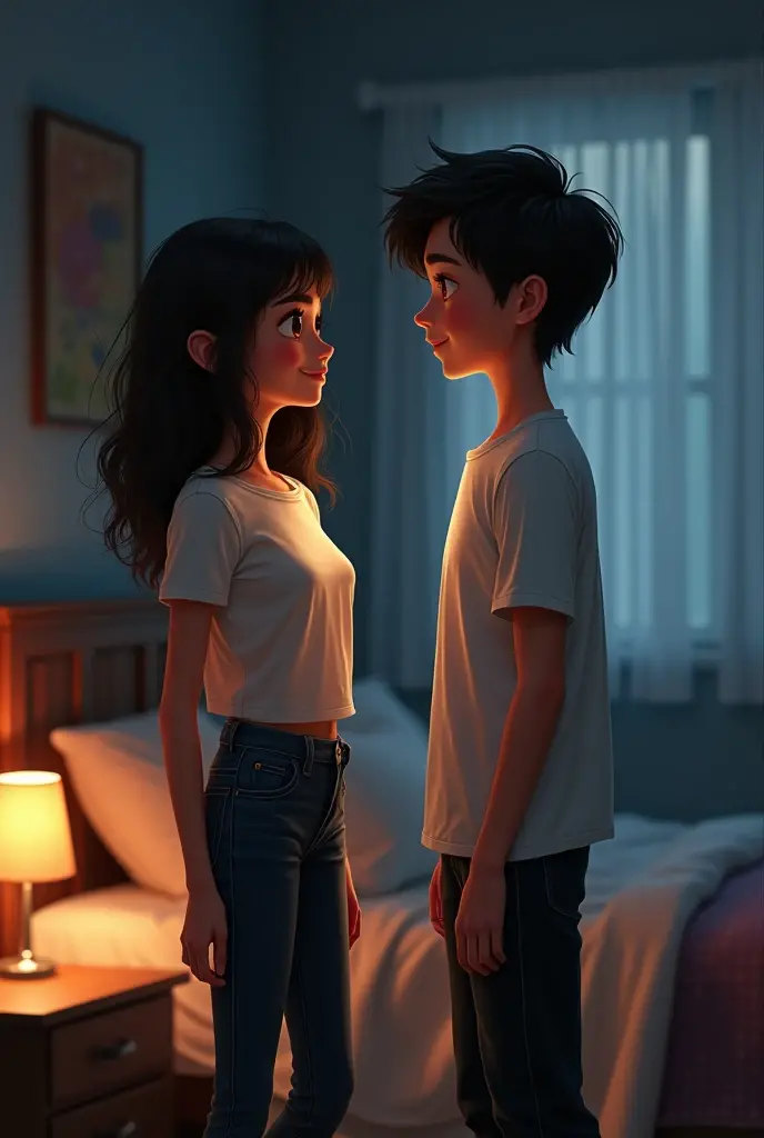 Girl name dikshu with Anu name boy wearing t-shirts and Black jeans in one bedroom dim lights