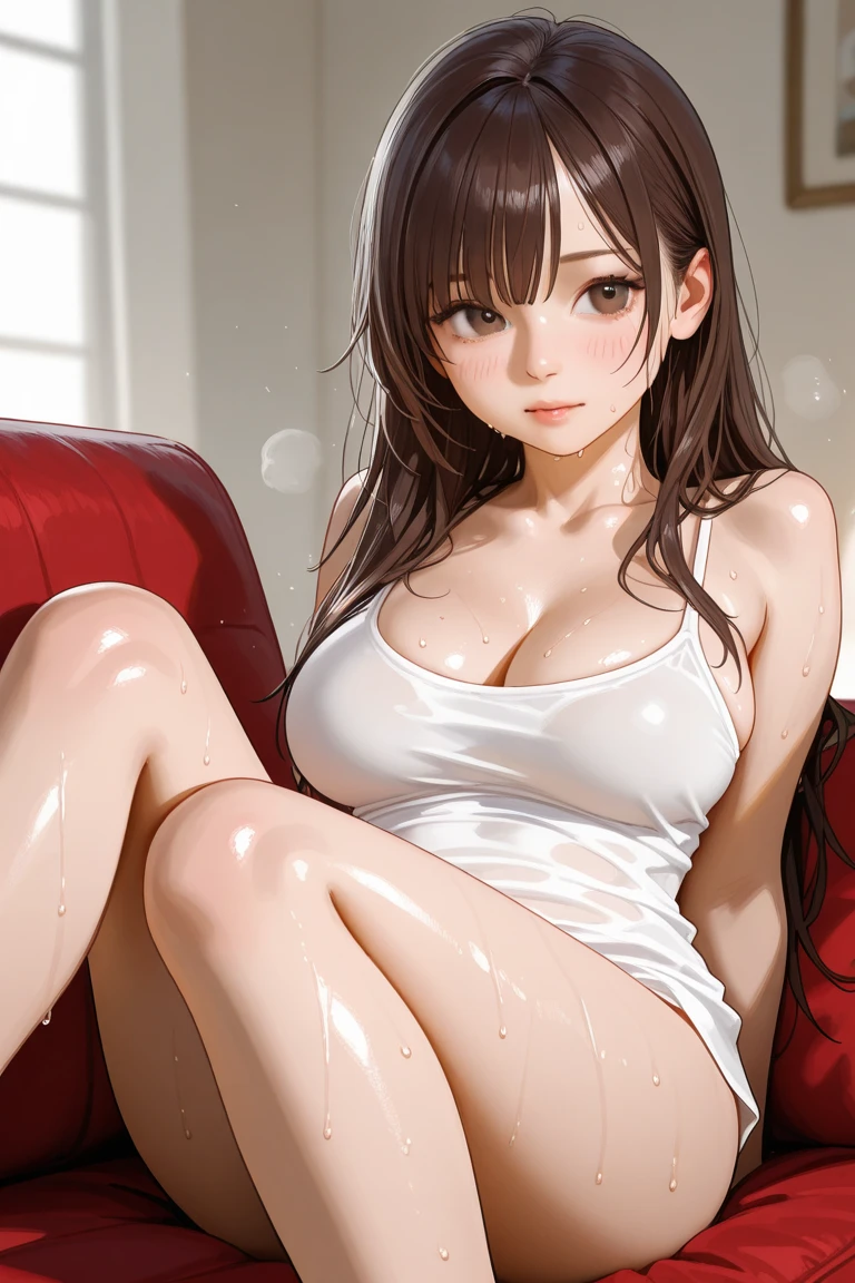(Browsing Caution), (RAW Photos), (Realistic), (Photorealistic), Ultra-high resolution, masterpiece, Highest quality, Portraiture, facial Portraiture, Perfect lighting, Detailed lighting, Dramatic Shadows, Ray Tracing, 1 Japan Beautiful lady, 20 years old, (perfect beautiful face), Sensual, Cleavage, ((voluptuous body:1.1)), Plump figure, ((Beautiful and delicate brown eyes)), eye shadow, Red lips, ((small breasts)), big ass, big thick thighs, ((short wavy Hair:1.2)), Mouth half open, (gentle smile),Wearing a sexy Babydoll, ((full body shot)), Sitting with Knees Up on sofa at living, ((spread legs:1.2)),